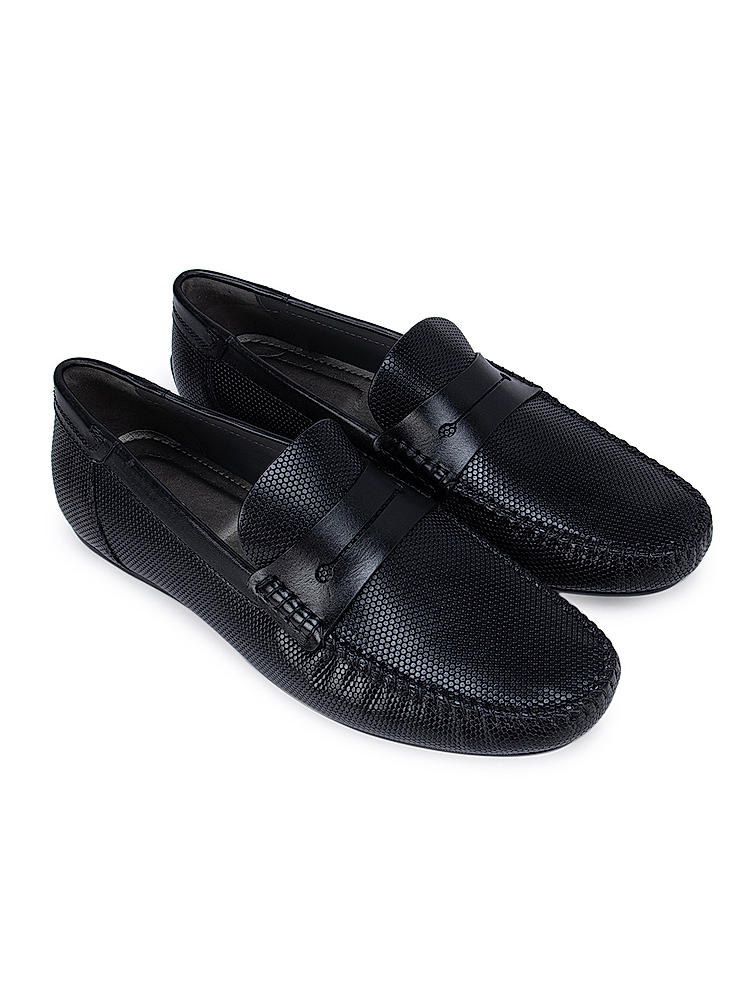 Black Textured Moccasins With Panel