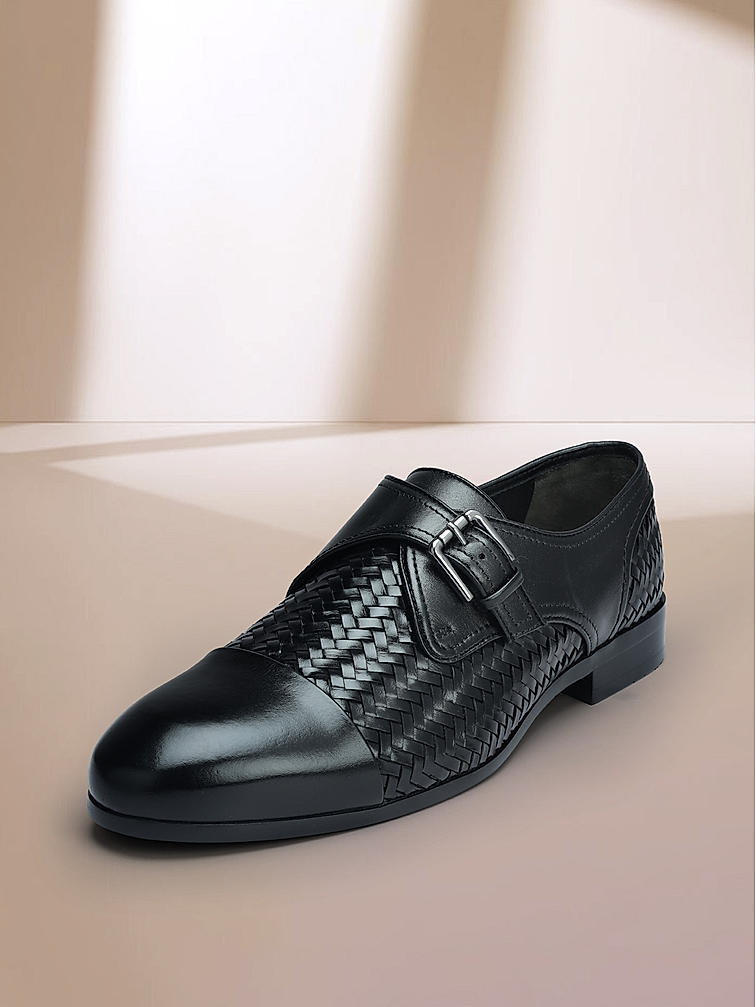 Black Textured Leather Monk Straps