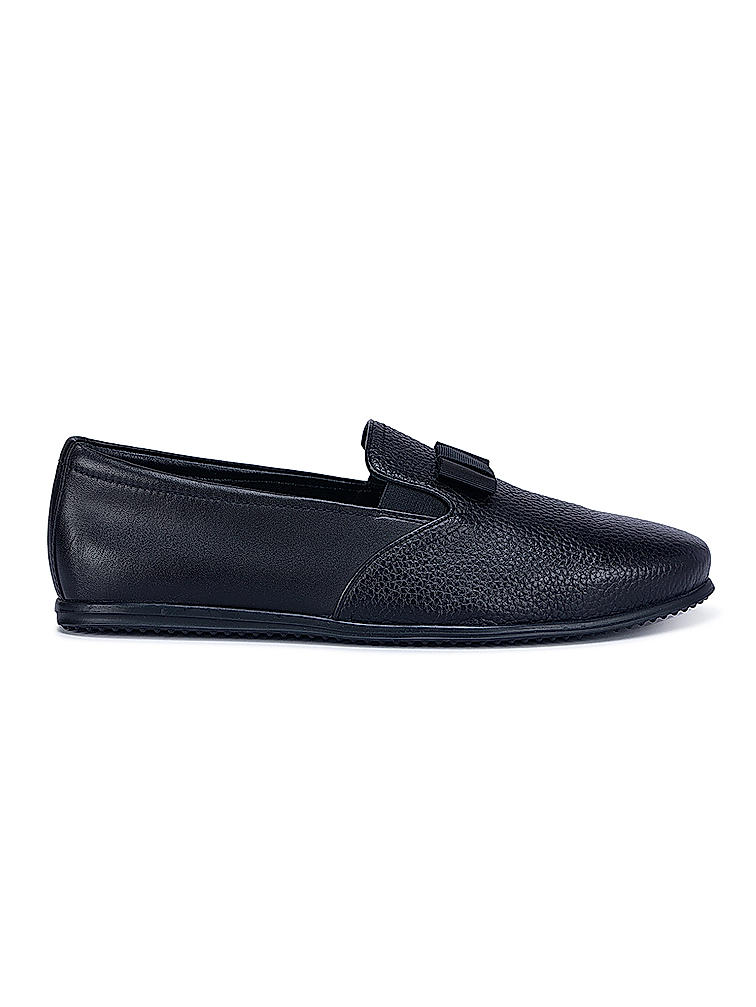 Black Textured Loafers With Top Bow