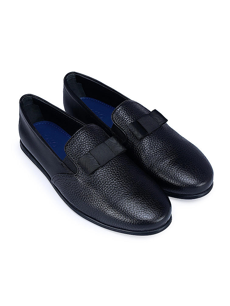 Black Textured Loafers With Top Bow