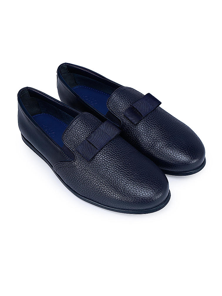 Navy Textured Loafers With Top Bow