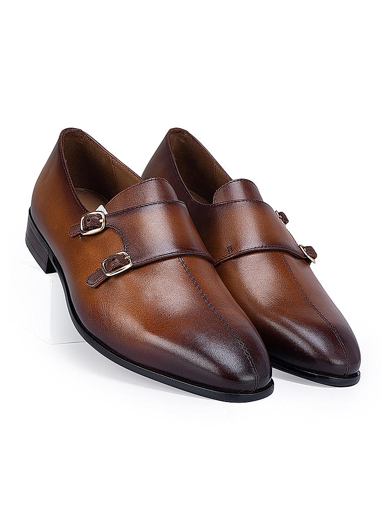 Tan Plain Double Monk Strap Shoes