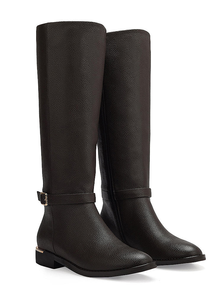 Coffee Textured Leather Knee High Boots