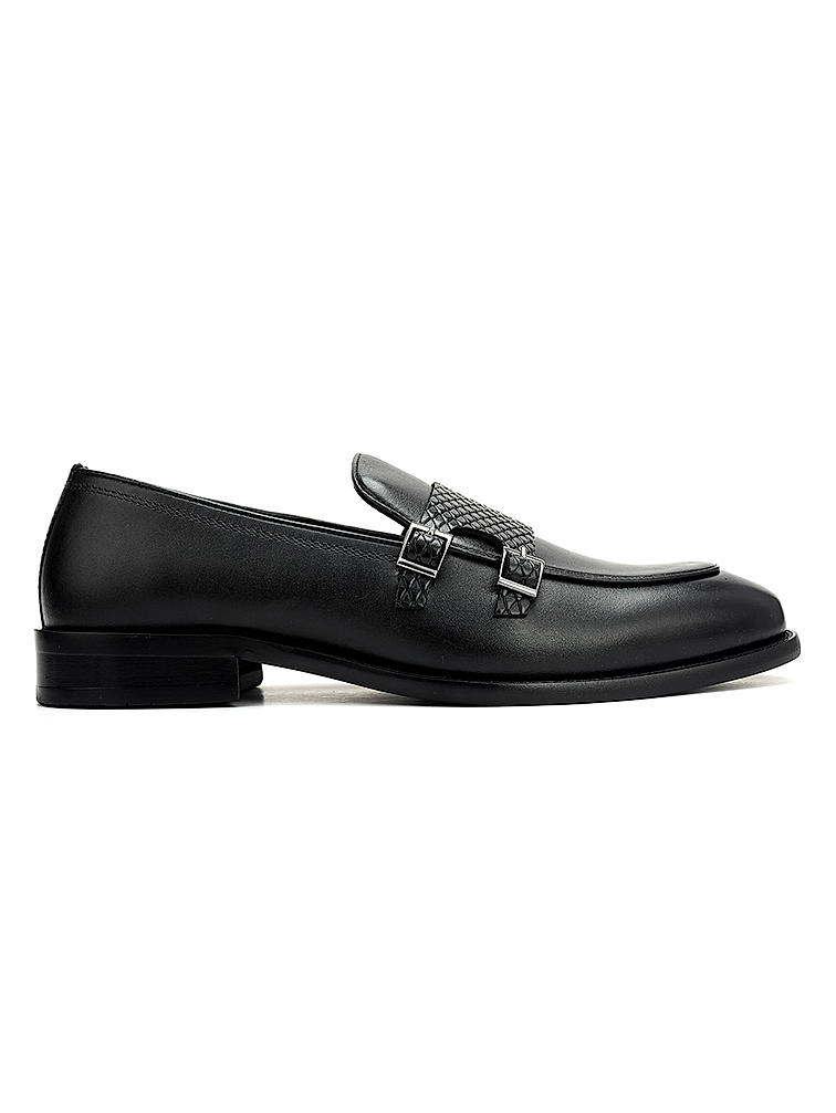 Black Textured Leather Double Monk Straps