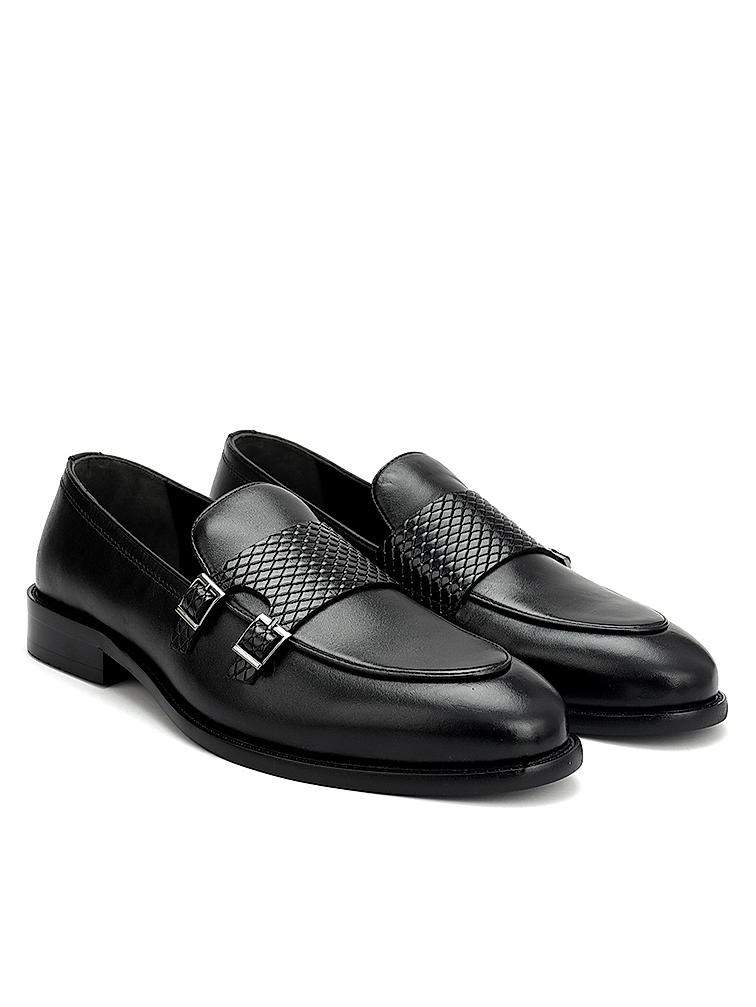 Black Textured Leather Double Monk Straps