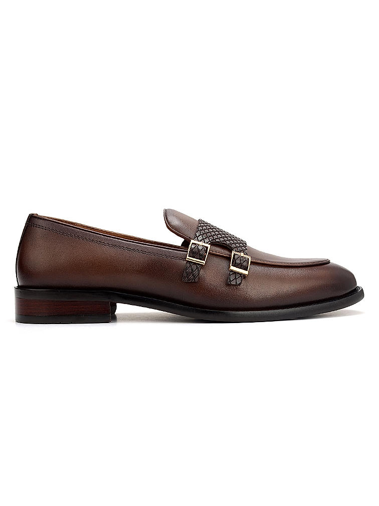 Brown Textured Leather Double Monk Straps