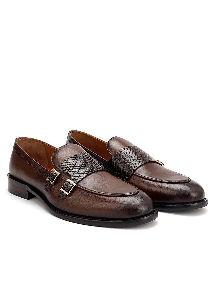 Brown Textured Leather Double Monk Straps