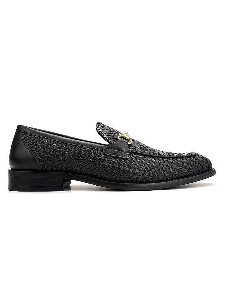 Black Textured Leather Loafers With Buckle