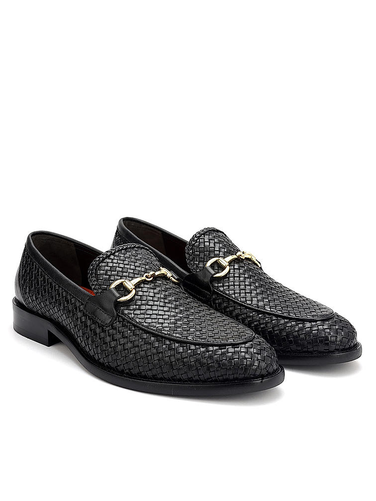 Black Textured Leather Loafers With Buckle