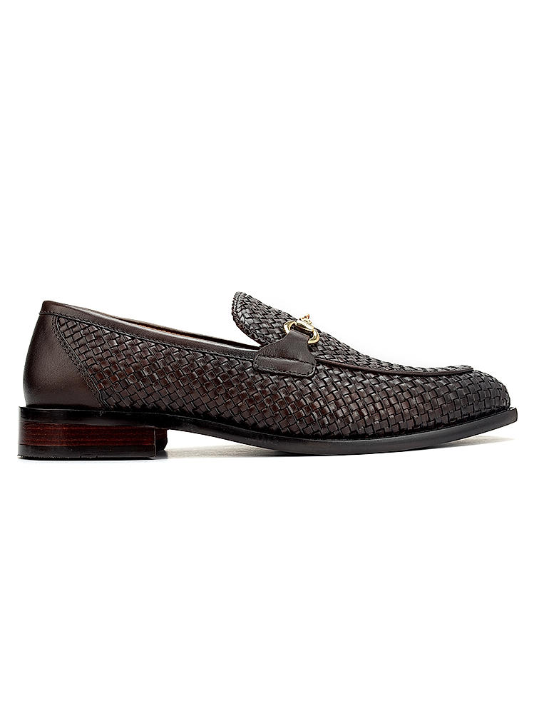 Brown Textured Leather Loafers With Buckle