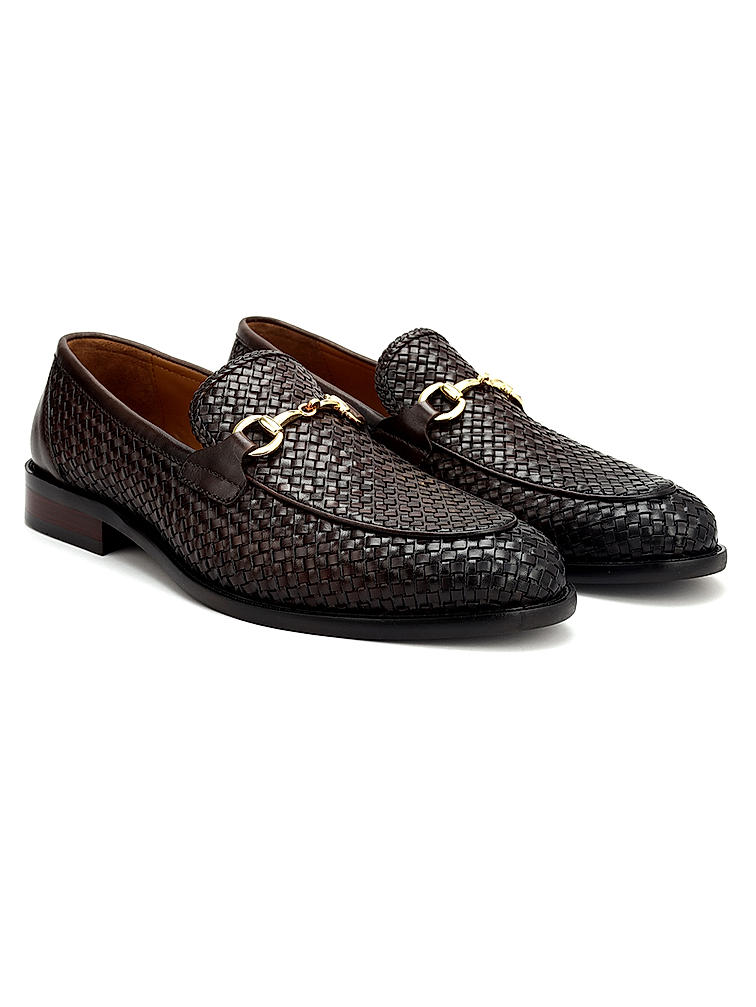 Brown Textured Leather Loafers With Buckle