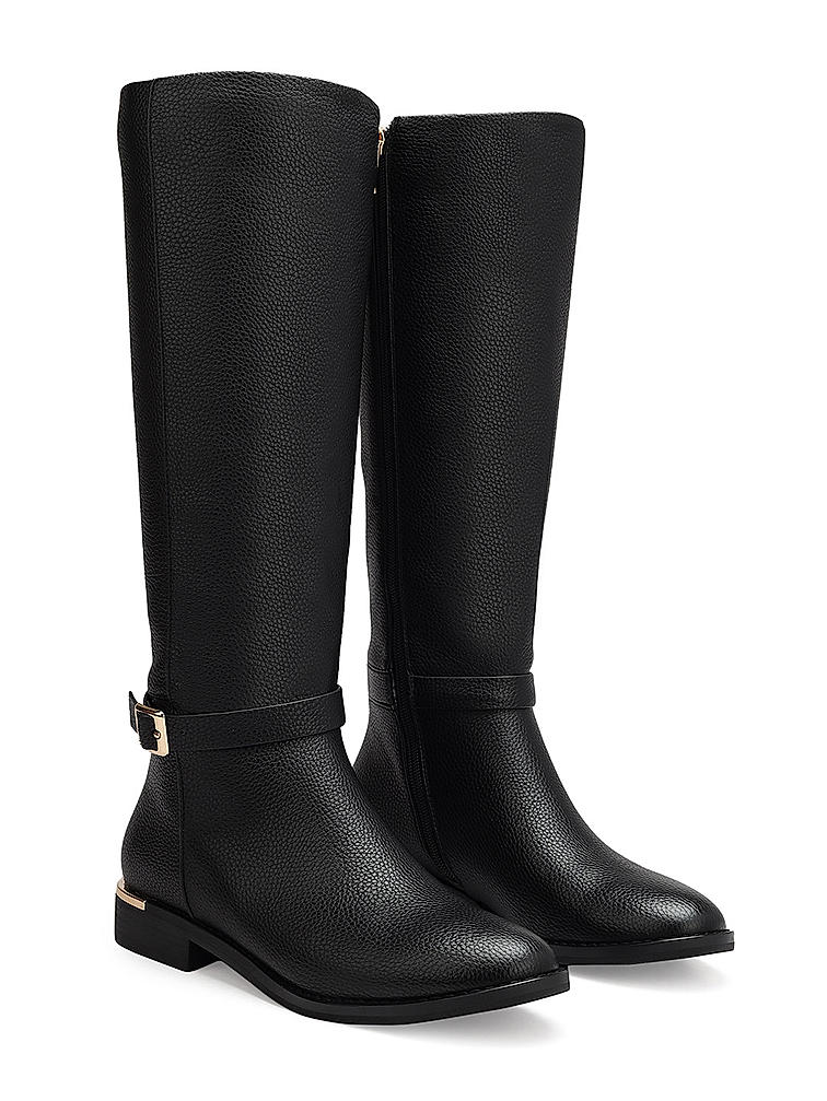 Black Textured Leather Knee High Boots