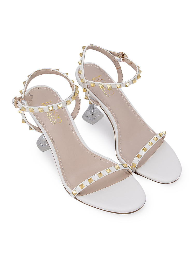 White Stud Embellished Strap Heels