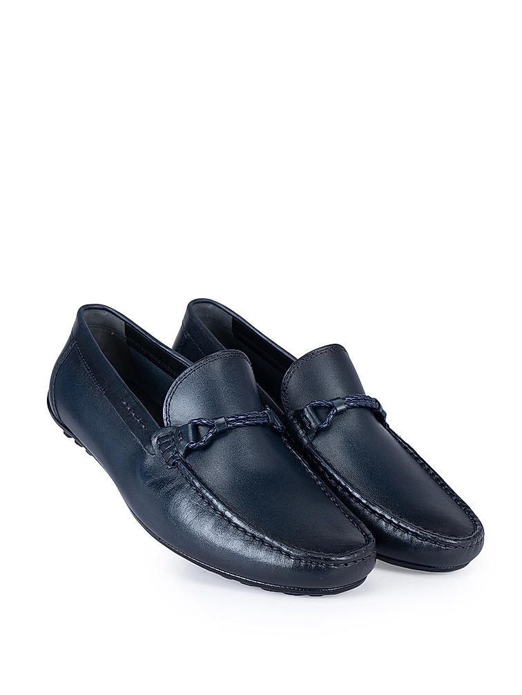 Navy Plain Leather Moccasins