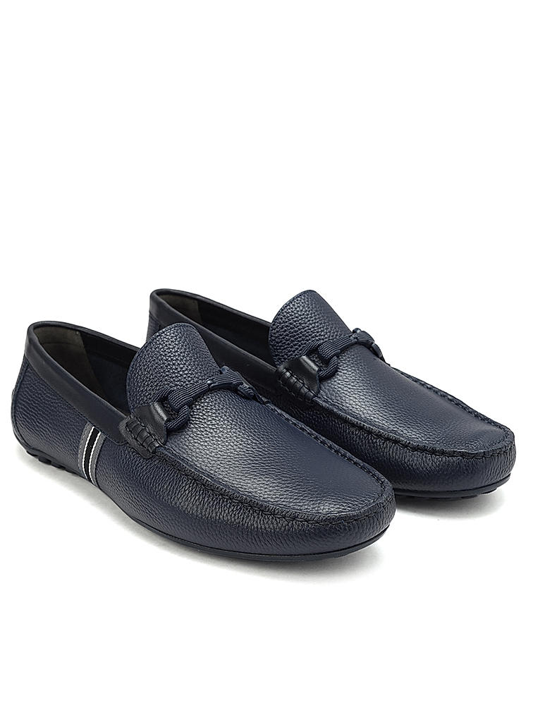 Navy Striped Leather Moccasins