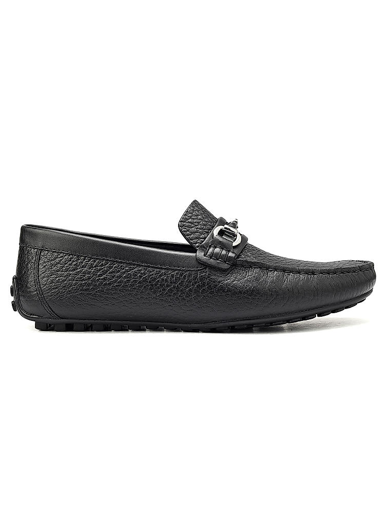 Black Textured Leather Moccasins