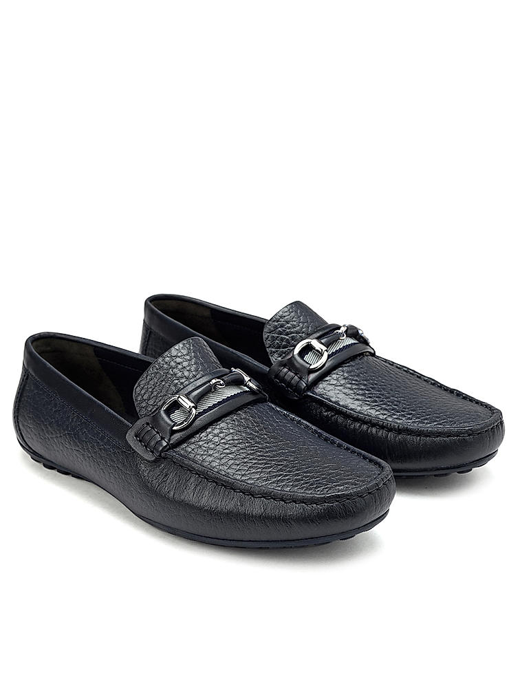 Navy Textured Leather Moccasins