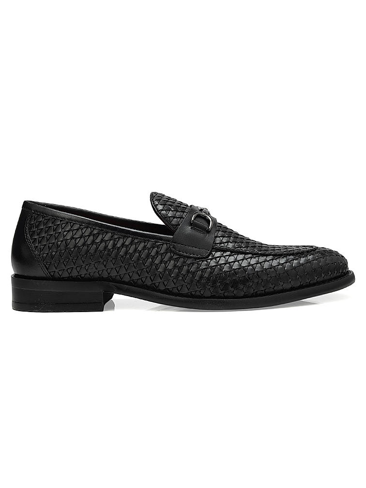 Black Textured Leather Loafers