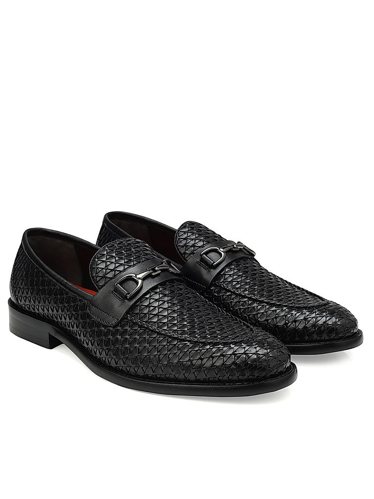 Black Textured Leather Loafers