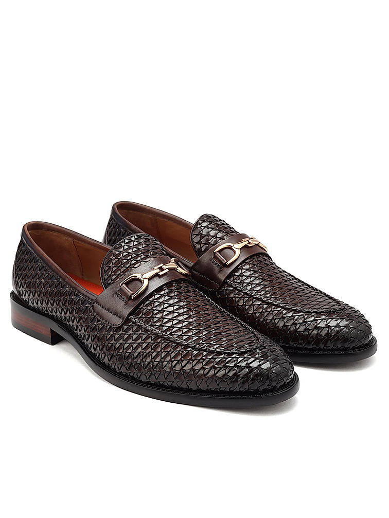 Coffee Textured Leather Loafers