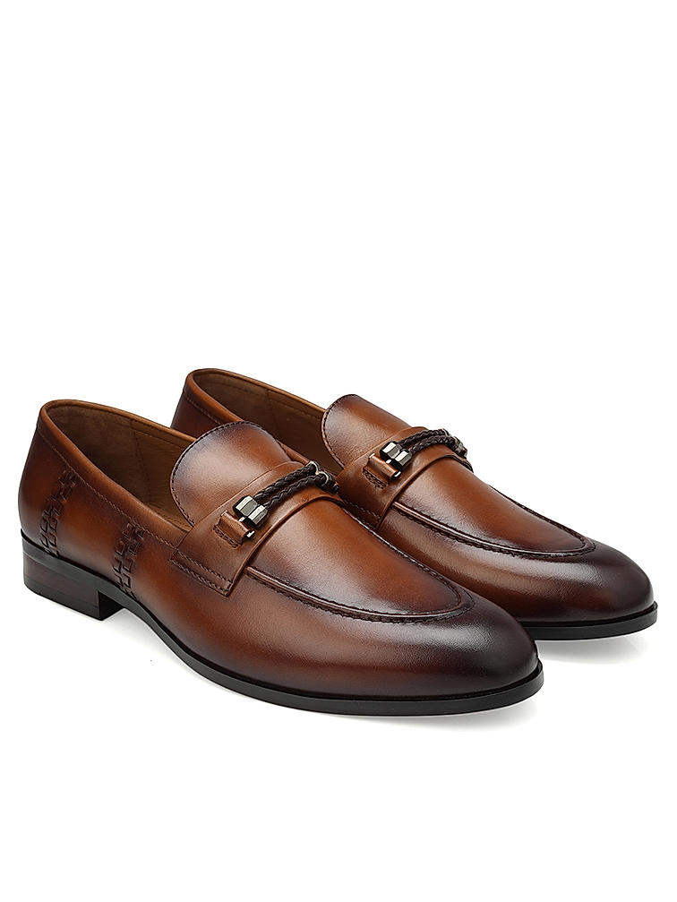 Tan Braided Leather Loafers