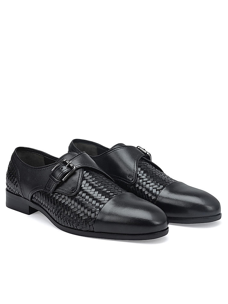 Black Textured Leather Monk Straps