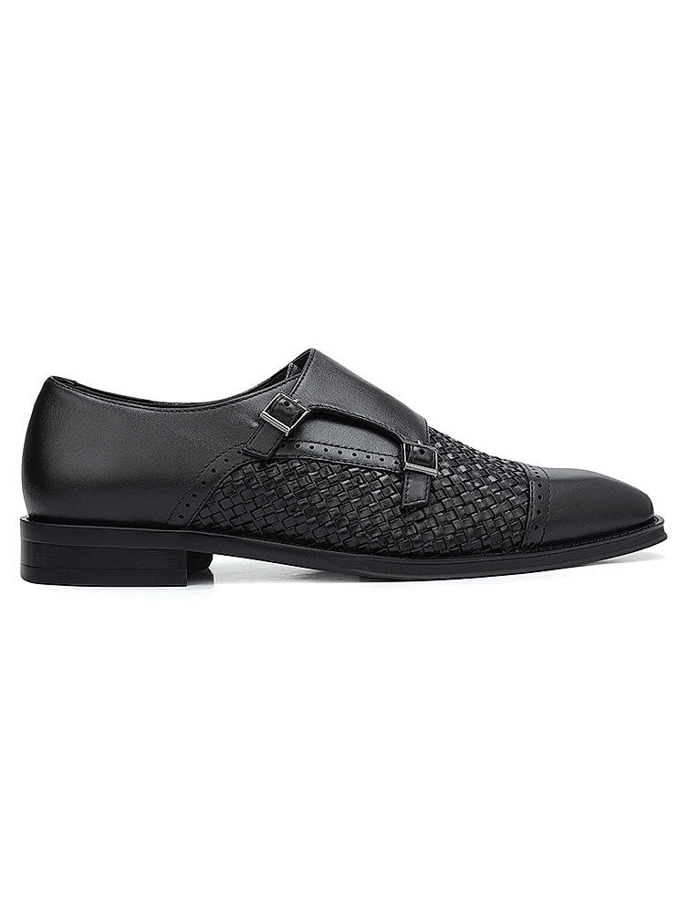 Black Textured Leather Monk Straps