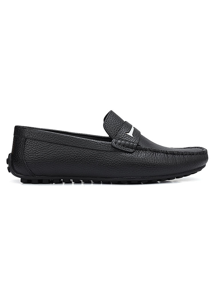 Black Textured Leather Moccasins