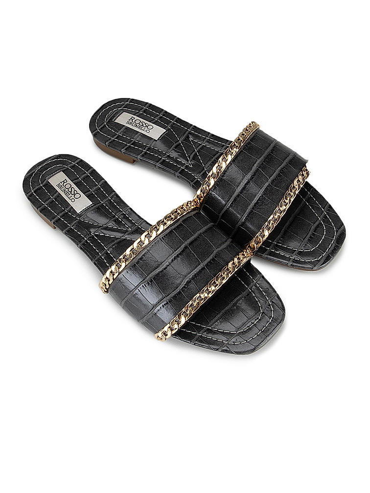 Grey Croco Effect Chain Embellished Sliders