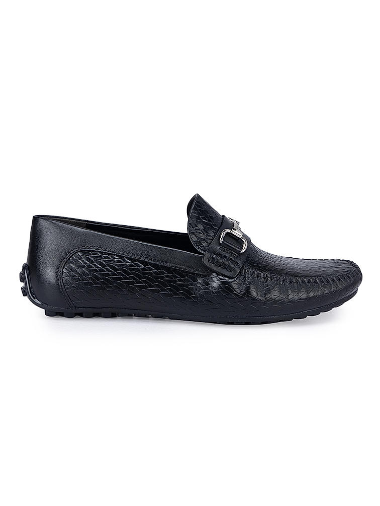 Black Textured Leather Moccasins