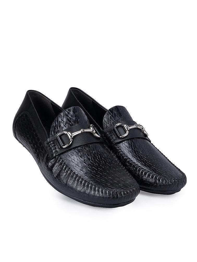 Black Textured Leather Moccasins