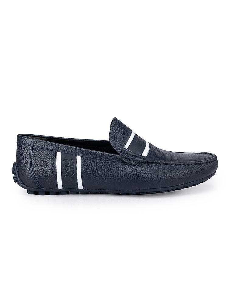 Navy Striped Leather Moccasins