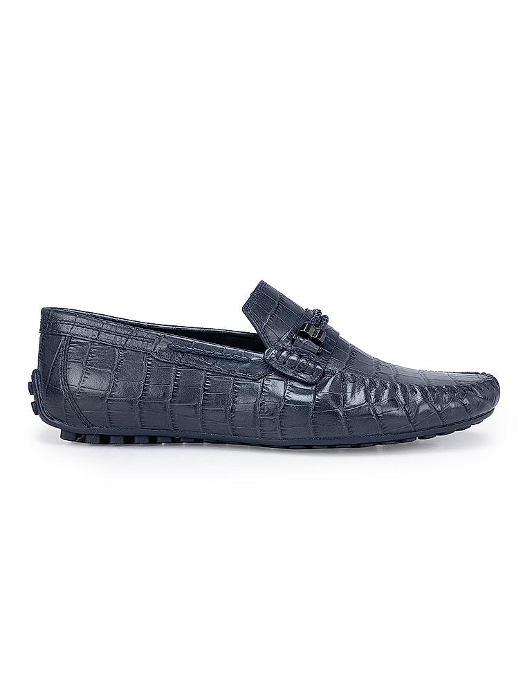 Navy Croco Textured Moccasins