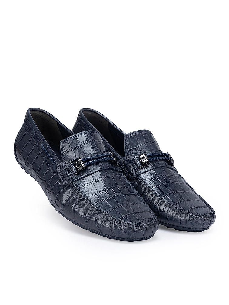 Navy Croco Textured Moccasins