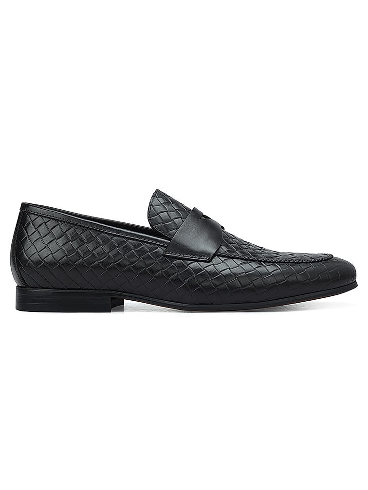 Black Woven Leather Loafers