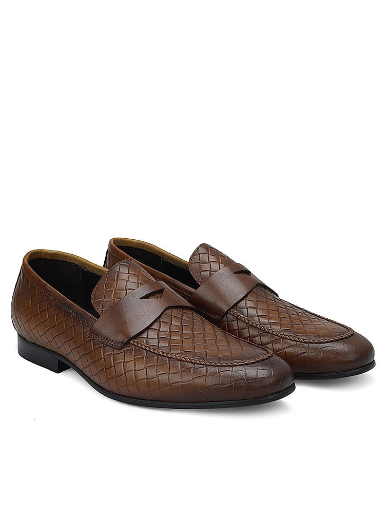 Tan Woven Leather Loafers