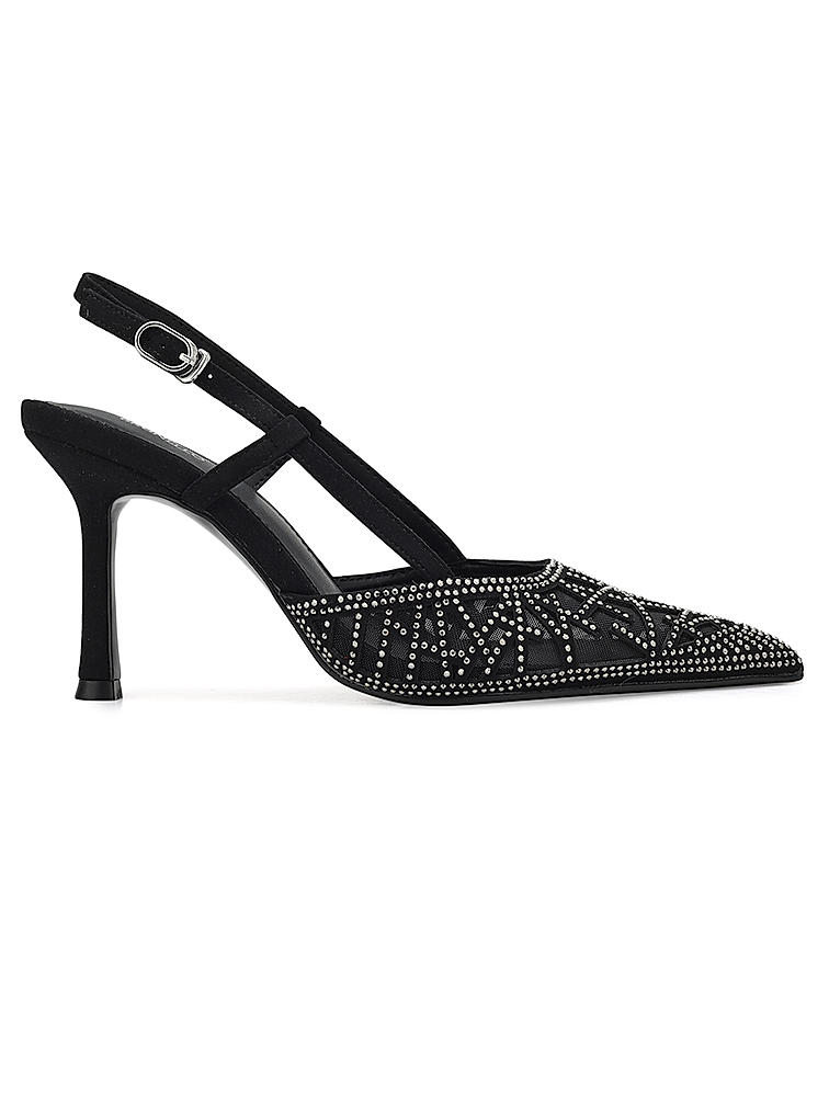 Black Rhinestones Embellished Slingback Heels