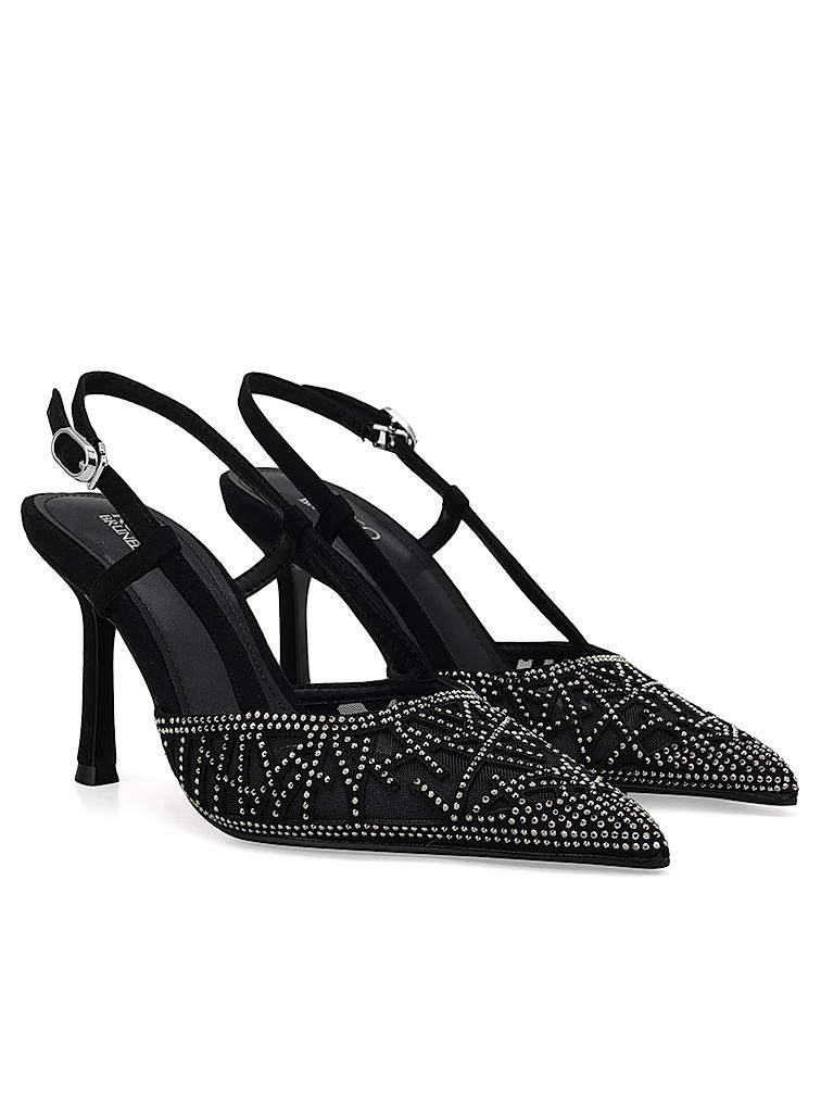 Black Rhinestones Embellished Slingback Heels