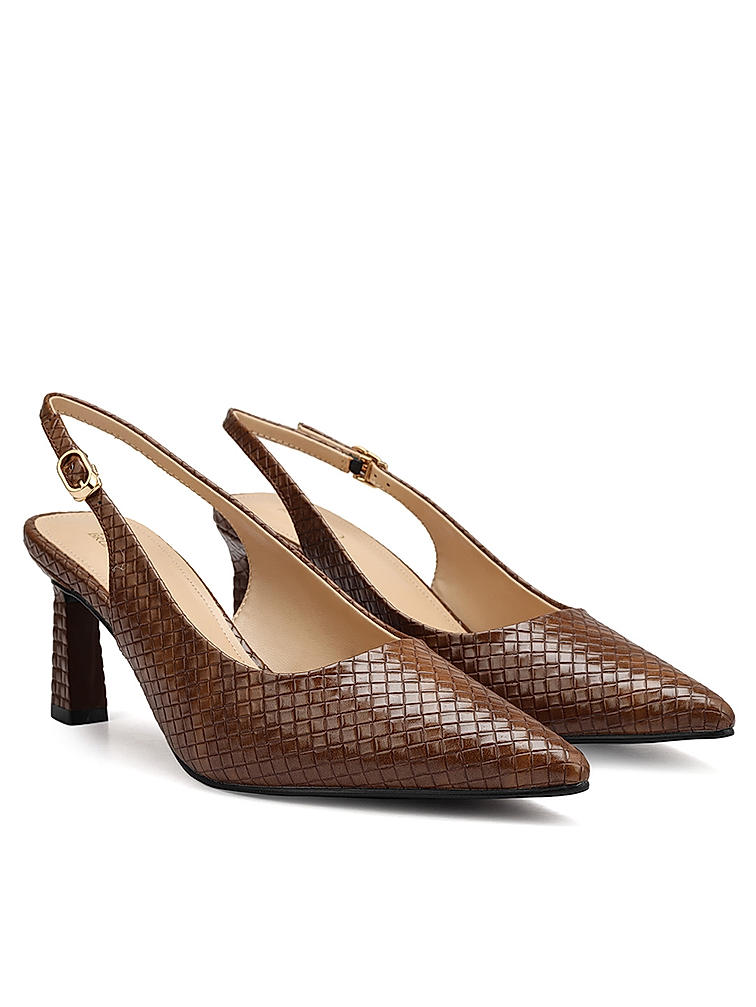 Brown Textured Leather Slingback Heels