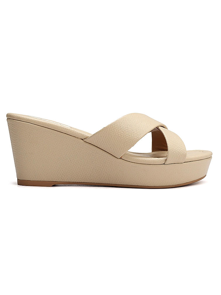 Beige Criss Cross Strap Wedges