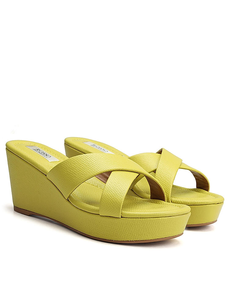 Mustard Criss Cross Strap Wedges