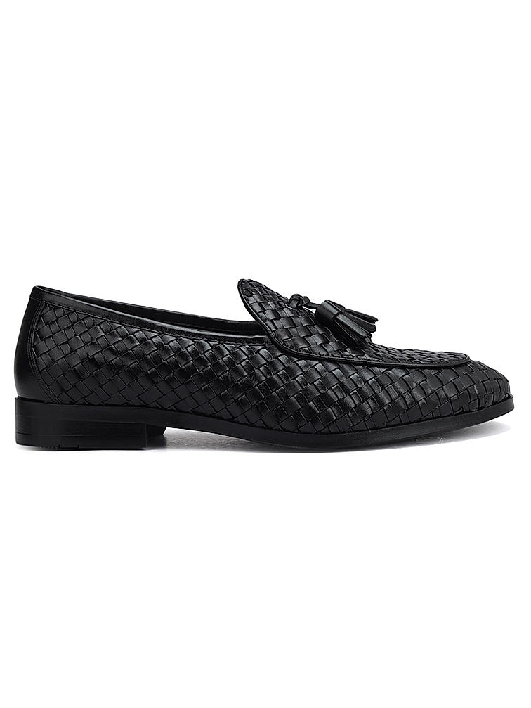 Black Woven Leather Loafers With Tassels