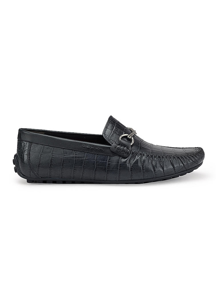 Navy Croco Textured Moccasins