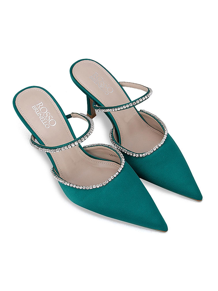 Green Pointed Toe Studded Pumps