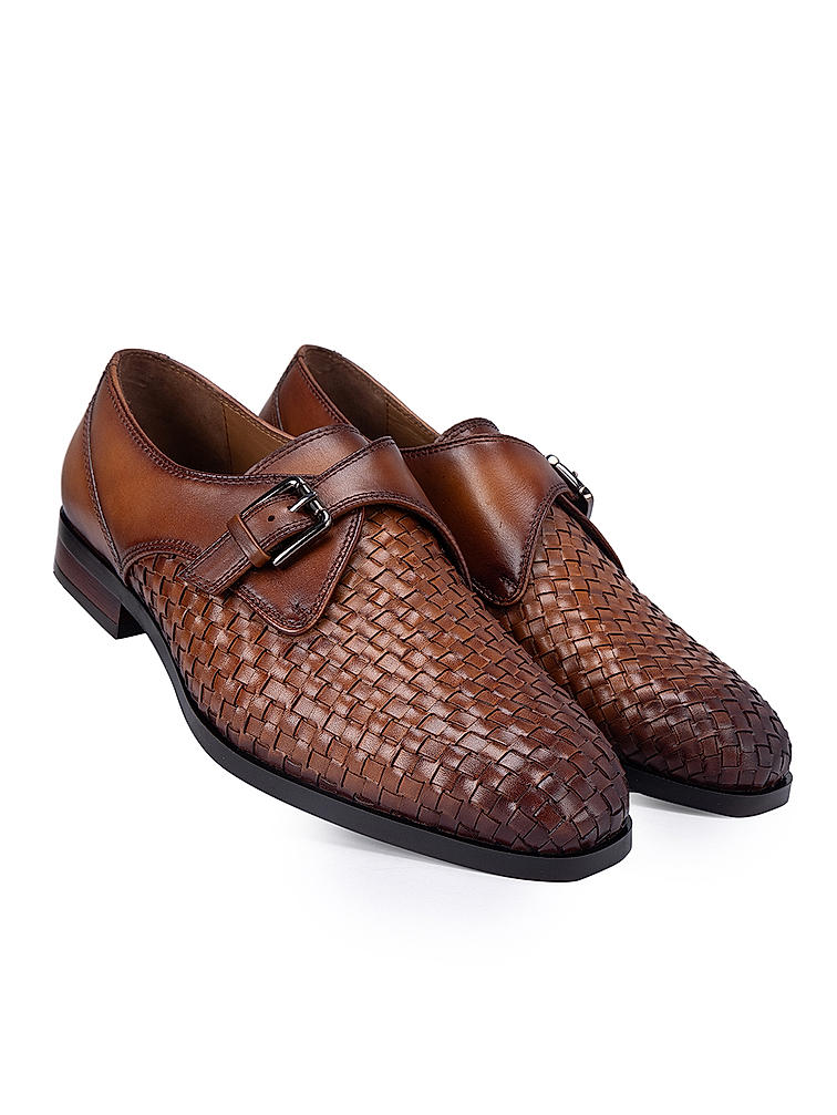 Tan Textured Leather Monk Straps