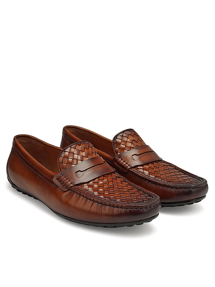 Tan Woven Leather Moccasins