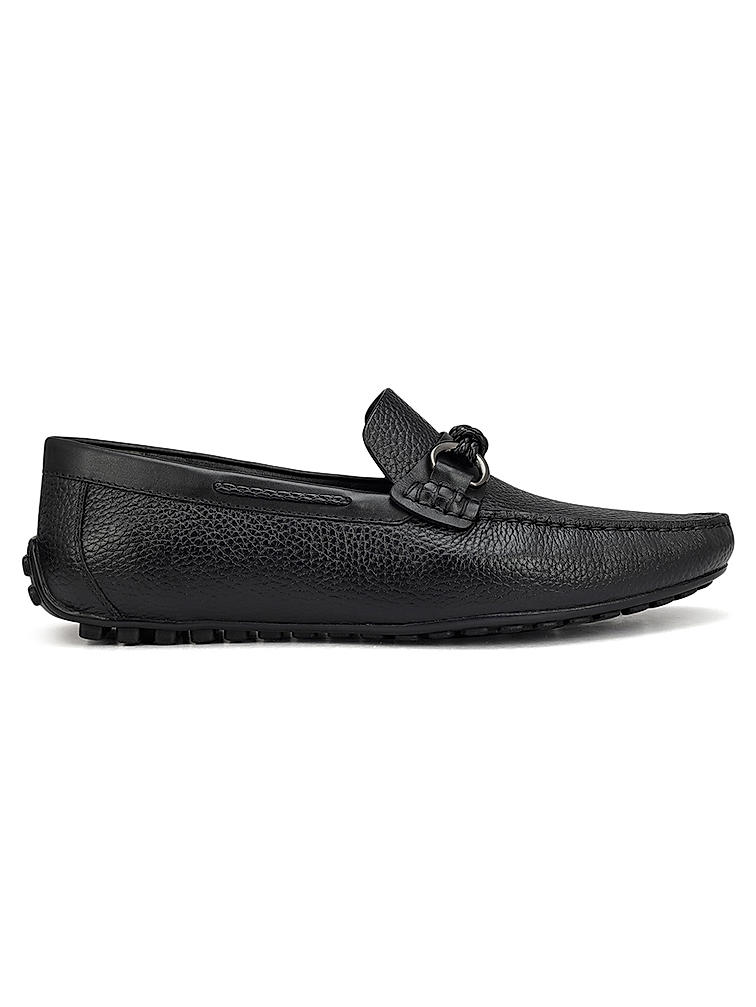 Black Textured Leather Moccasins