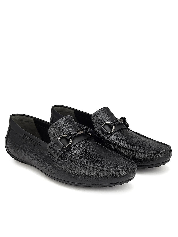 Black Textured Leather Moccasins