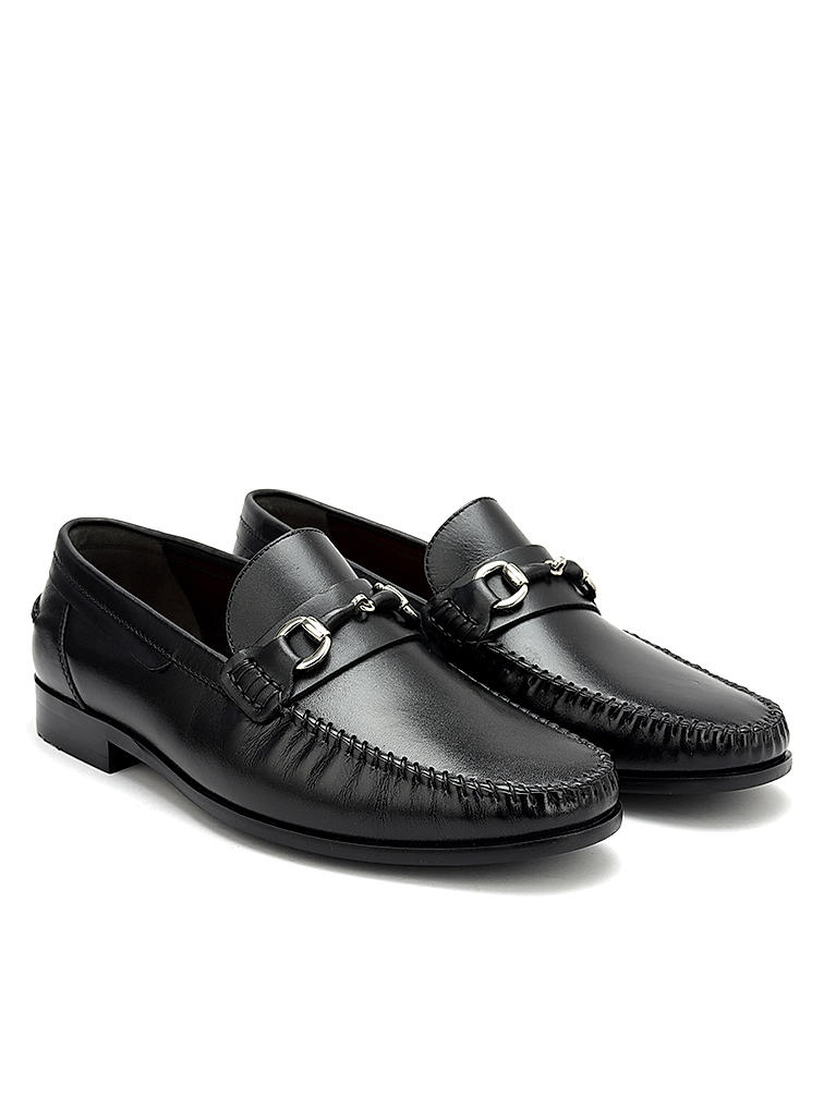 Black Plain Leather Heel Moccasins