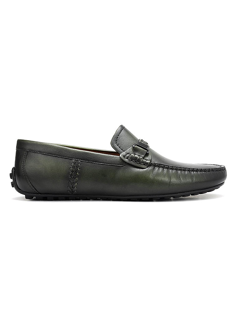 Green Leather Moccasins With Panel